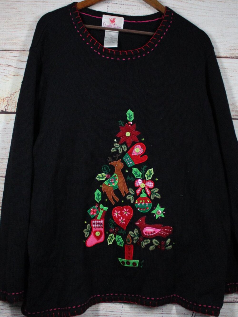 Quacker Factory Women's 2X Black Christmas Tree Applique Holiday Sweater